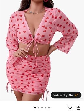 Pink Heart Print Two-Piece Crop Top & Ruched Skirt Set